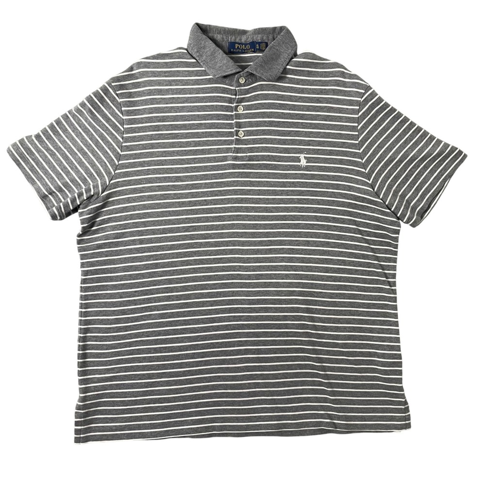 Polo‎ Ralph Lauren Mens XL Grey White Striped Short Sleeve Cotton Polo Shirt